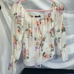 Toska Floral On/Off Shoulder Ruffle Slightly Sheer Long Slv Festivals Boho S